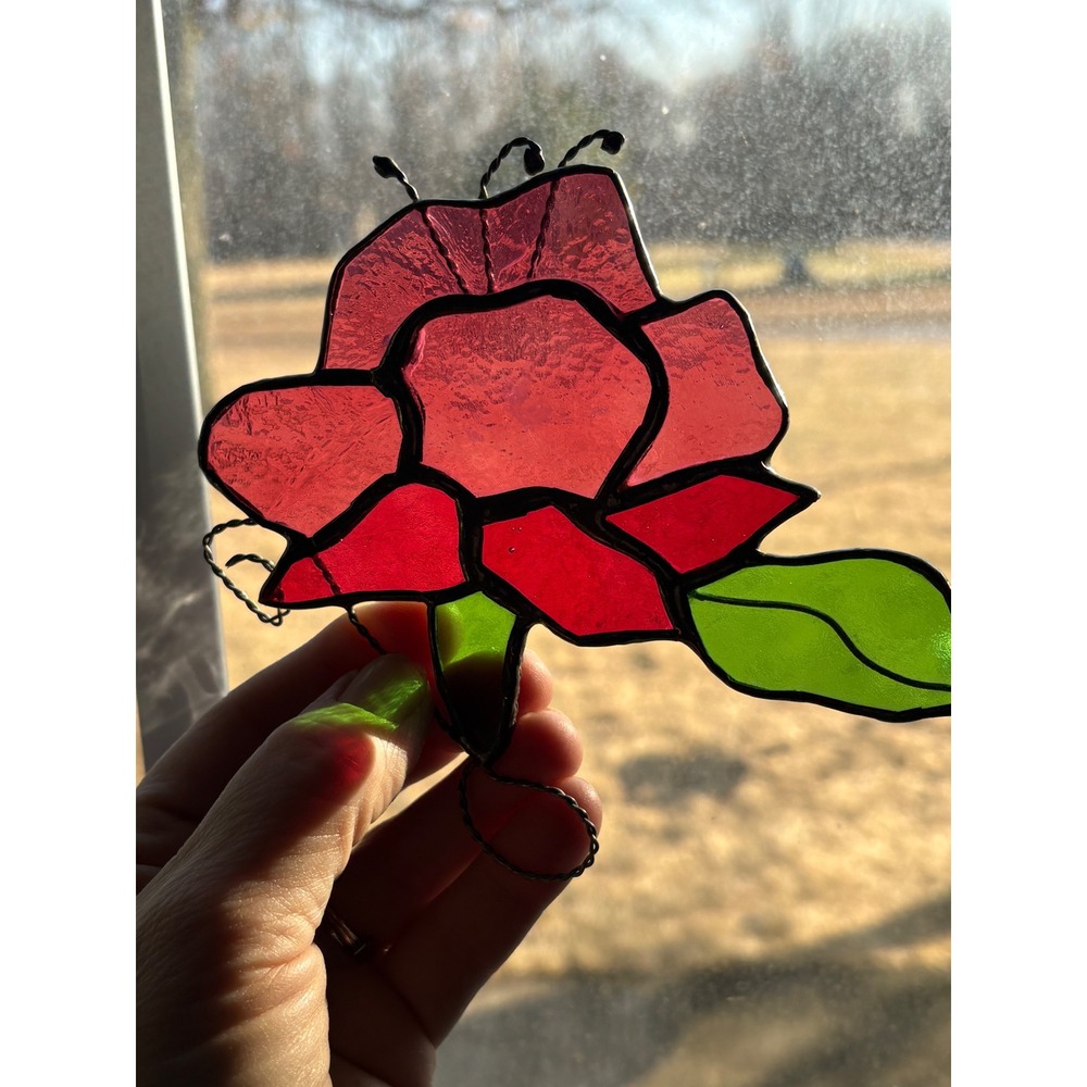 Handmade Stained Glass Rose Sun Catcher Red Flower Window Hanging Artisan Glass